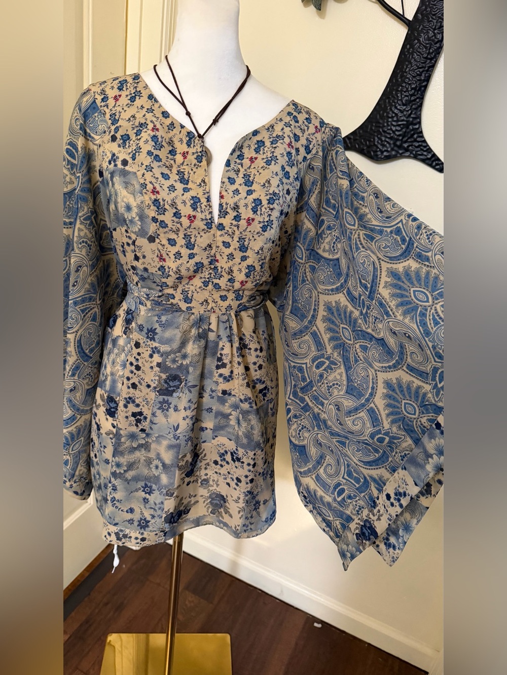 Vintage plus size Boho Bell-Sleeve Tunic Top with exaggerated flowy bell sleeves